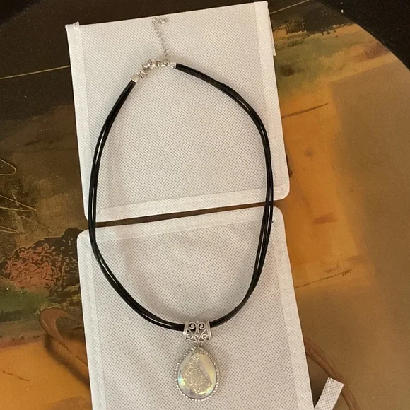 Sterling Silver Teardrop Stone Pendant on Cord Necklace, Black/Silver - Picture 1 of 5